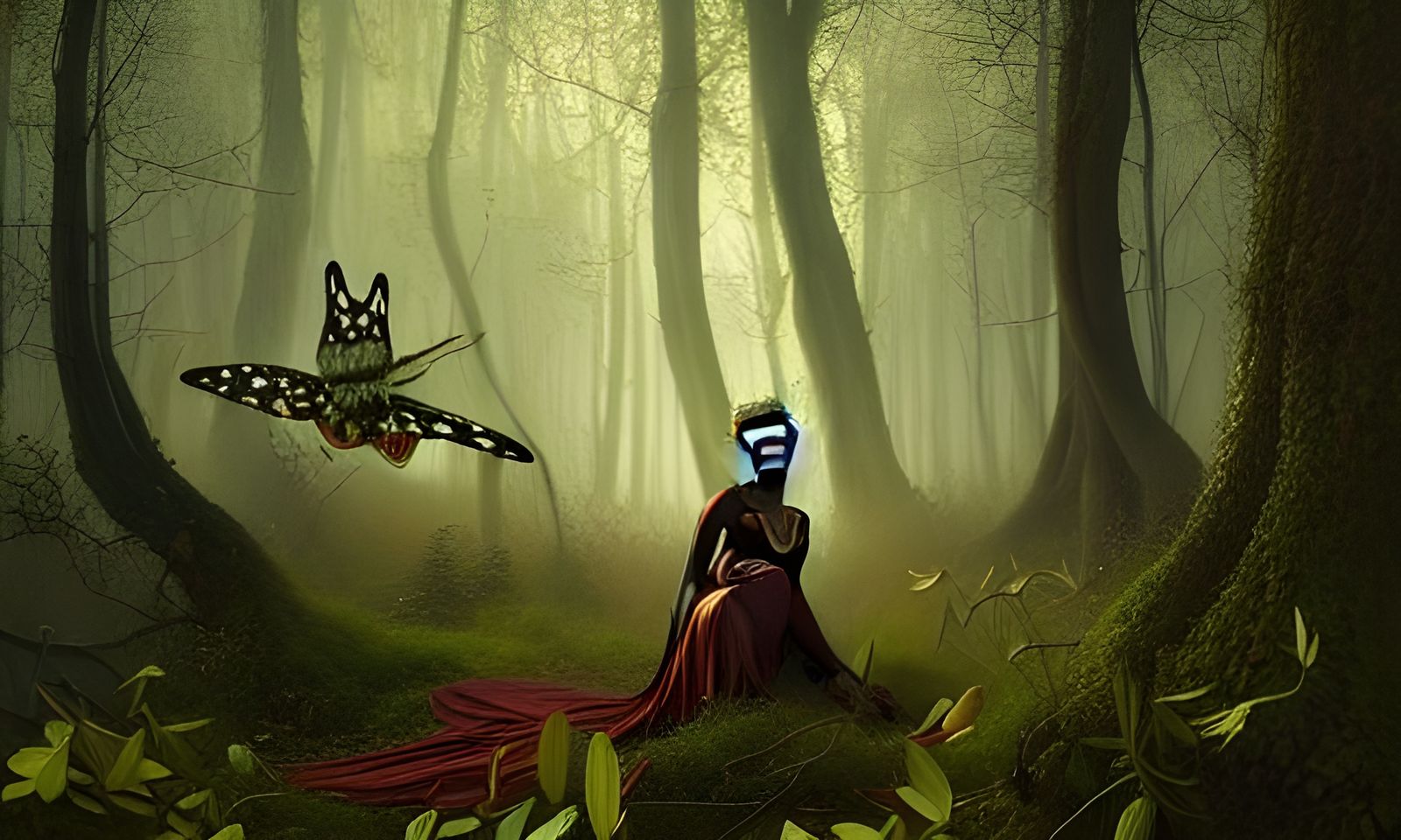 Mystic Woman Surrounded by Moths in Hyperrealism