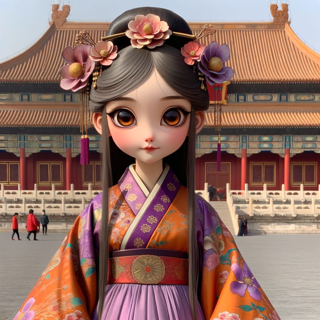 Ethereal Girl in Vibrant Hanfu within Forbidden City's Imper...
