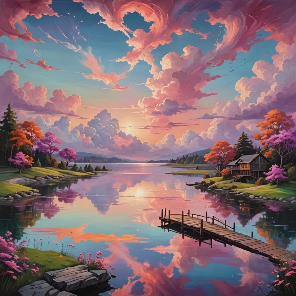 Surreal Landscape Painting with Multicolored Sky