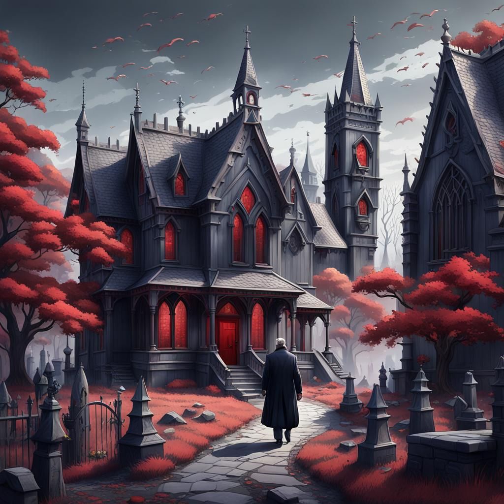 Victorian Gothic House with Figures in Burial Yard