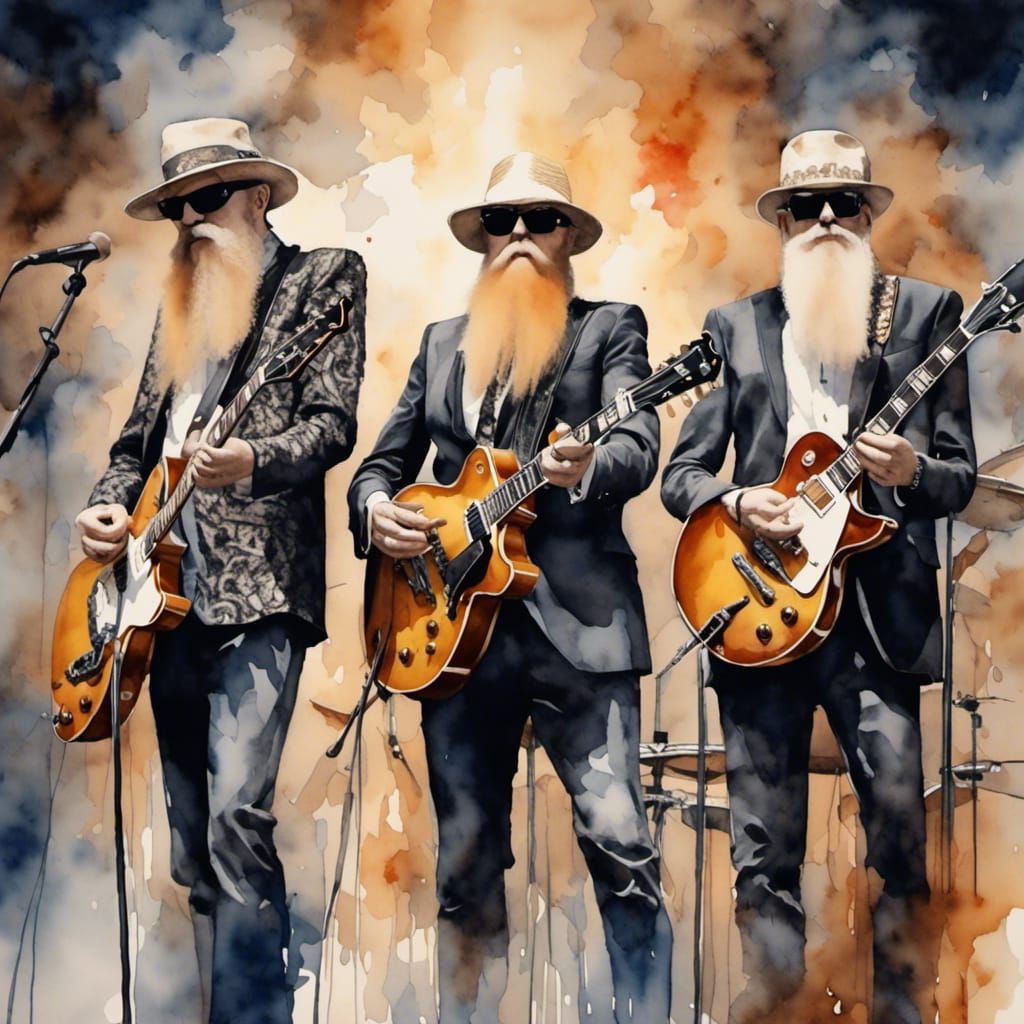 ZZ Top Band on Stage in Antique Watercolor Style