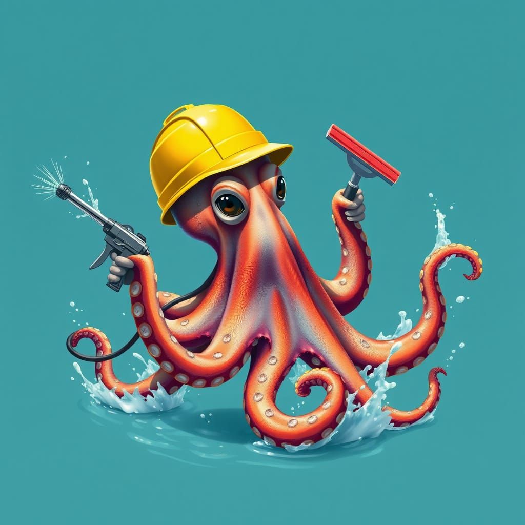 Octopus Window Washer in Vibrant Zoological Illustration Sty...