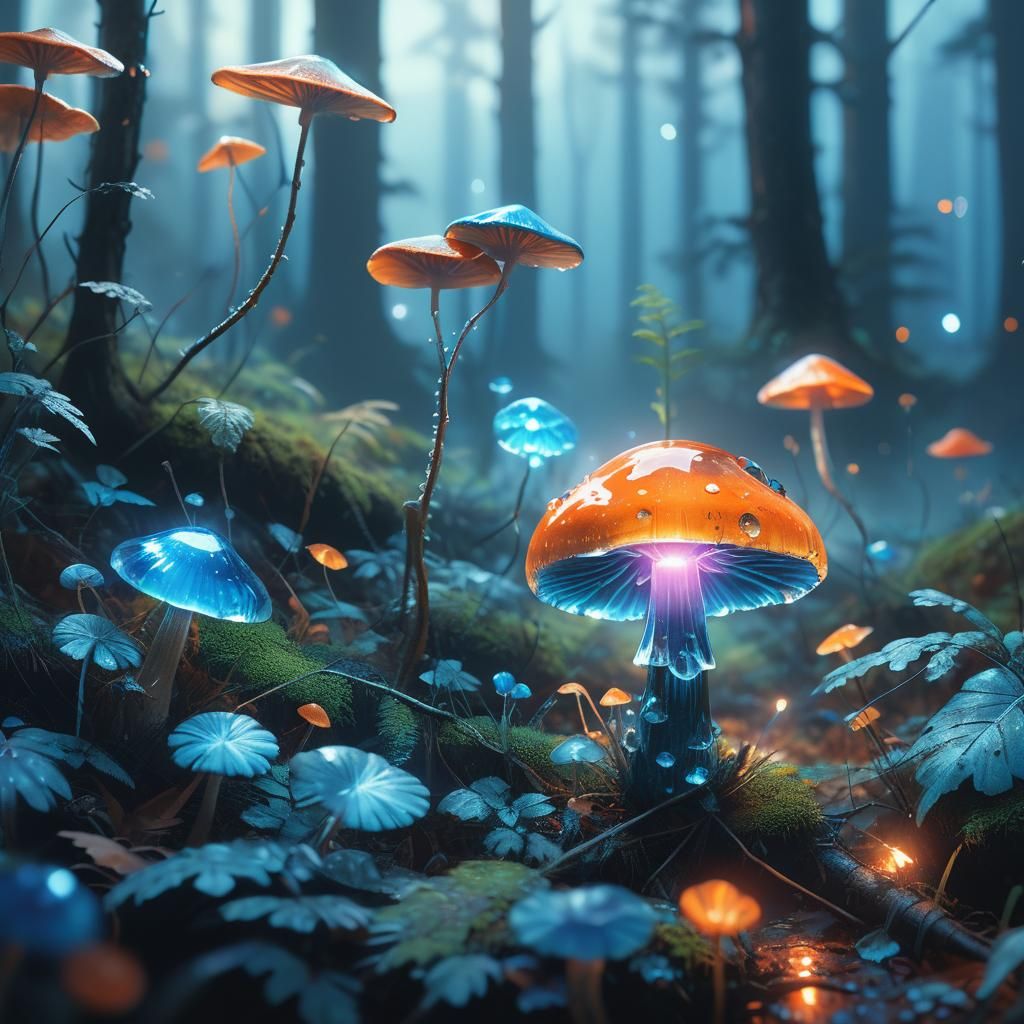 Glowing Crystal Mushroom in Misty Forest