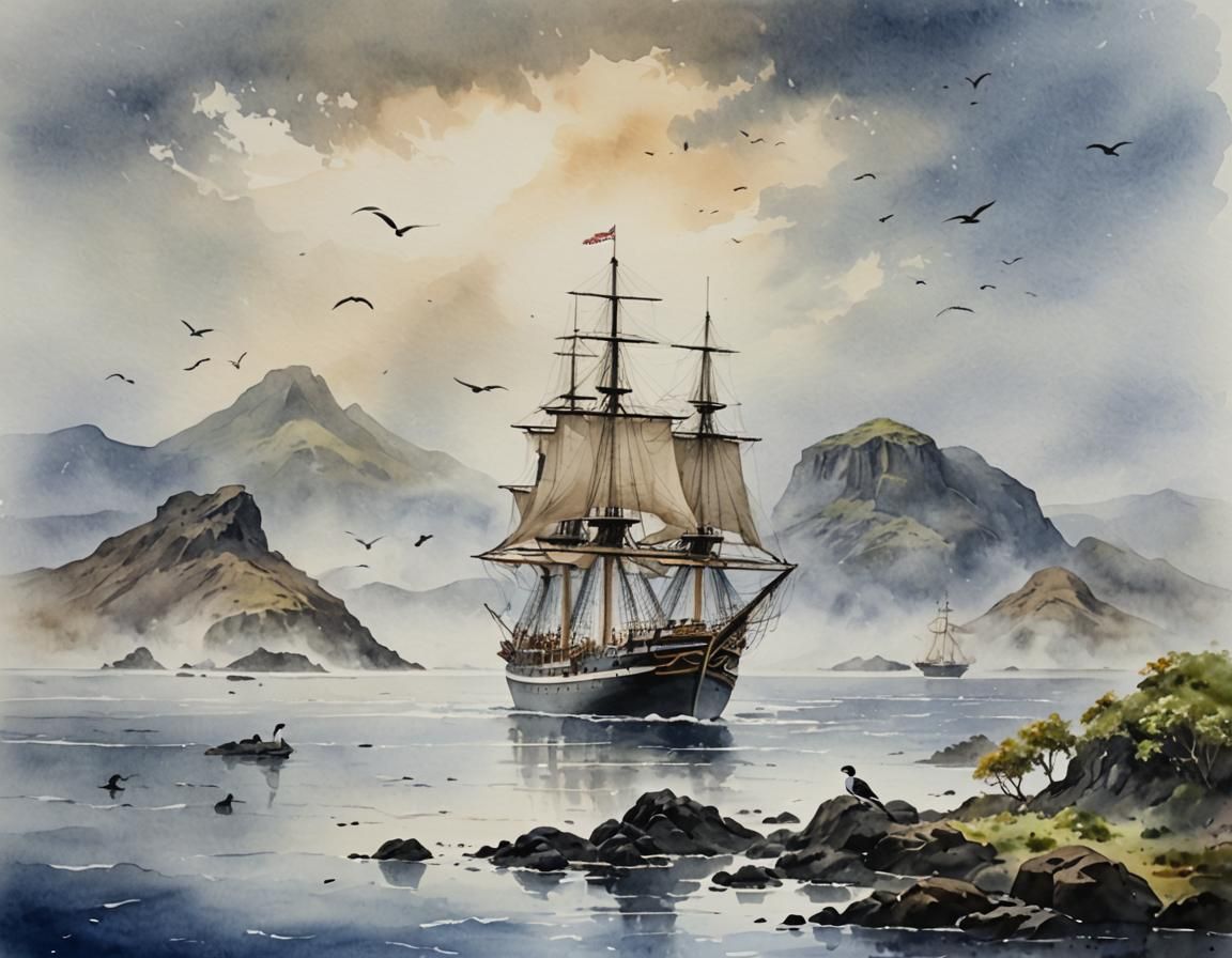 HMS Beagle near Galapagos Islands in Watercolor