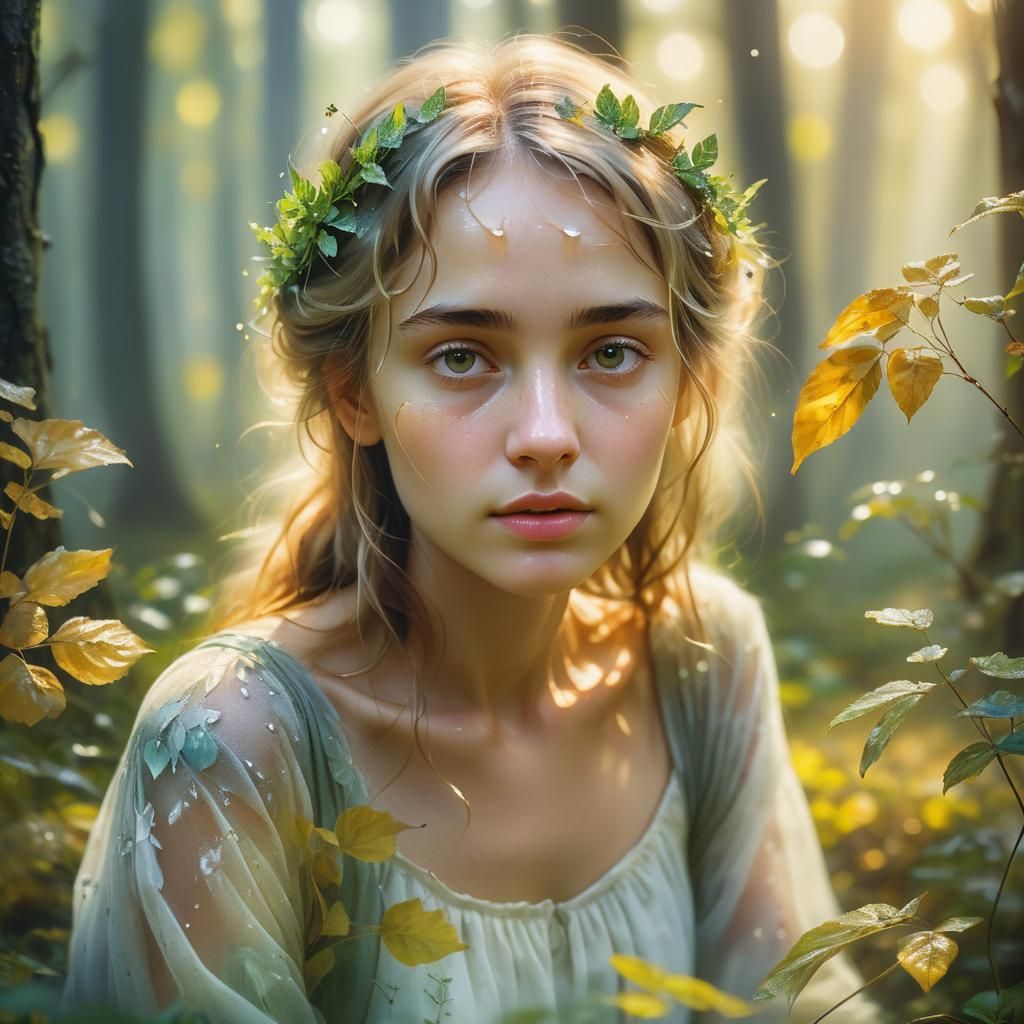 Serene Forest Woman in Ethereal Oil Painting Style