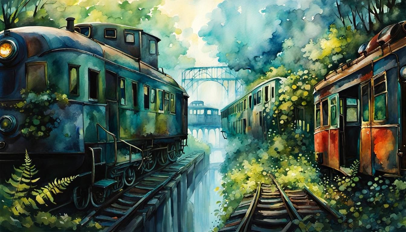 abandoned rusty train, overgrown with vegetation