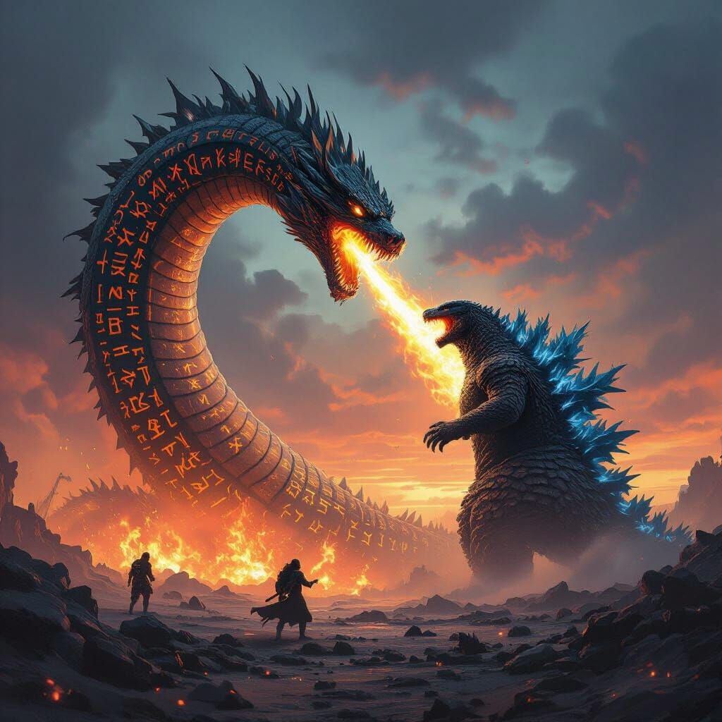 Godzilla Battles Jörmungandr in Apocalyptic Landscape