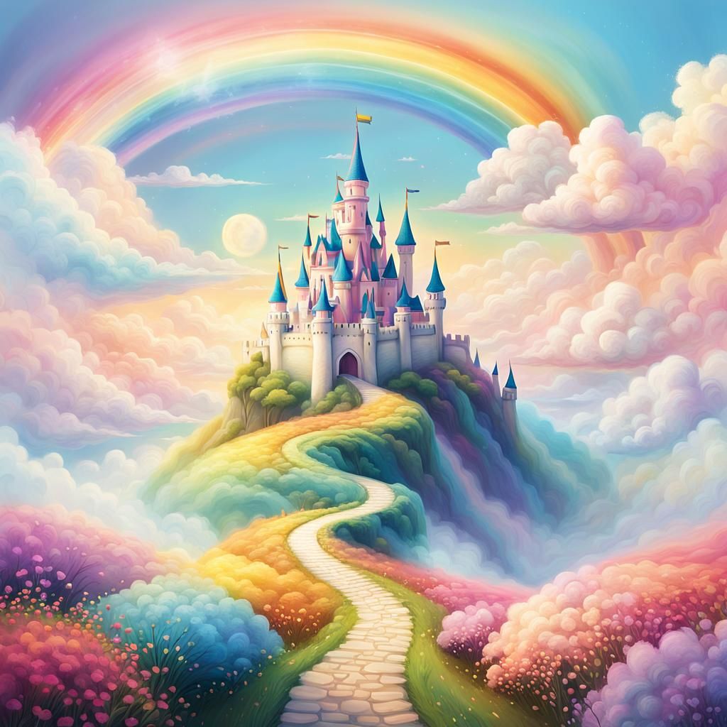 Rainbow Path to Cloud Castle: Fantasy Illustration