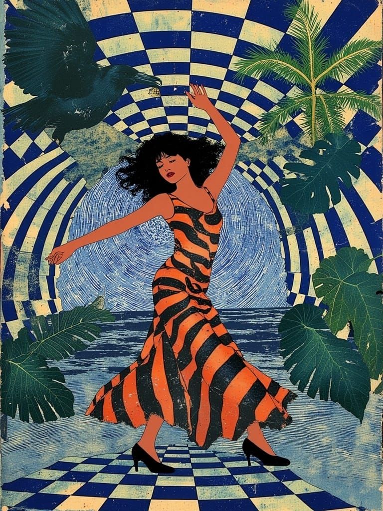 Surreal Mambo Dancer in a Swirling Vortex of Stripes and Pat...