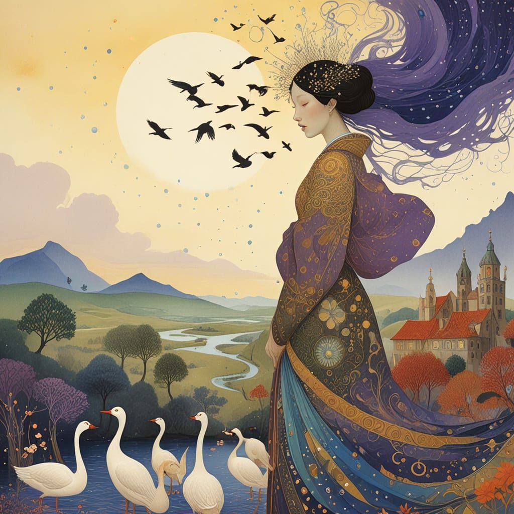 Ethereal Woman Transformed into Birds in Cosmic Garden