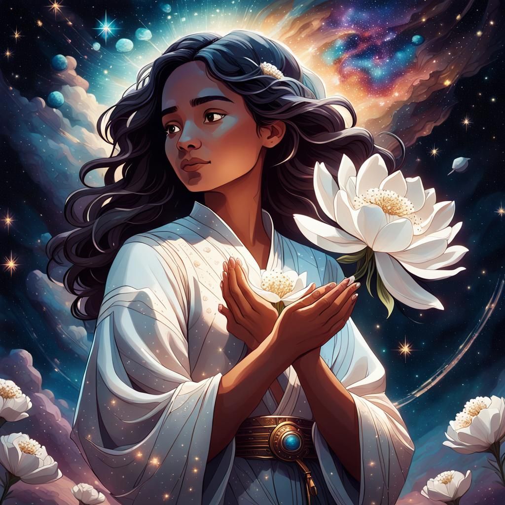 Ethereal Latina Goddess with Cosmic Blossom