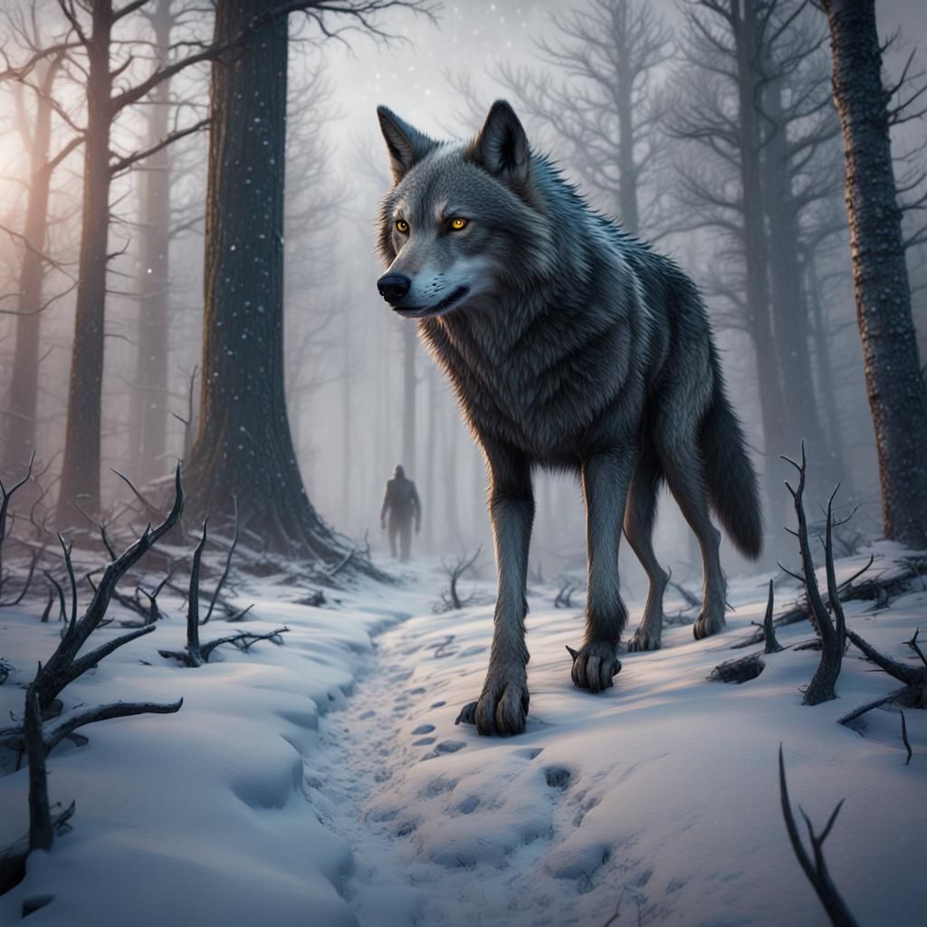 Lone Wolf in Winter Forest: Detailed Matte Painting