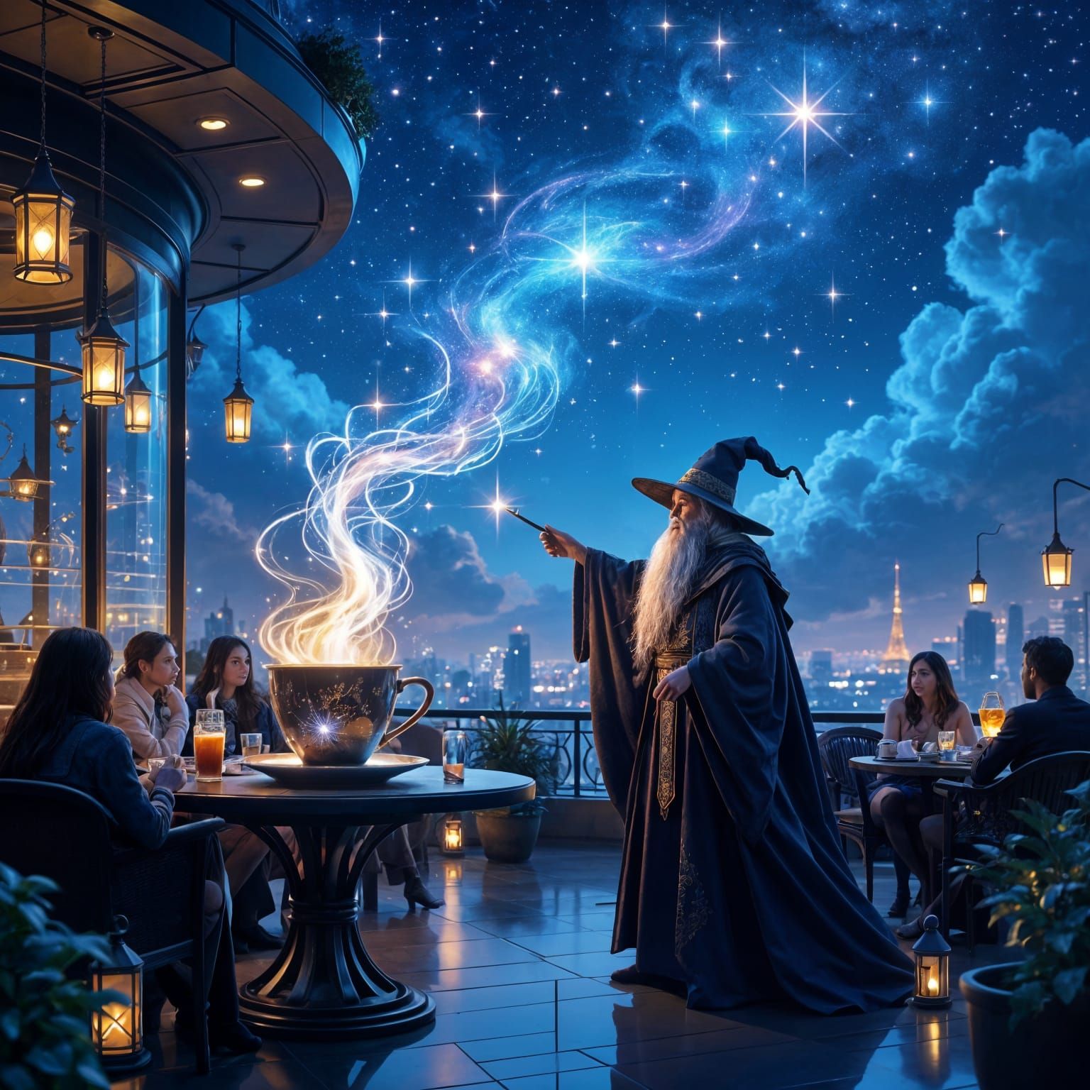 Wizard's Rooftop Cafe Under Starry Sky