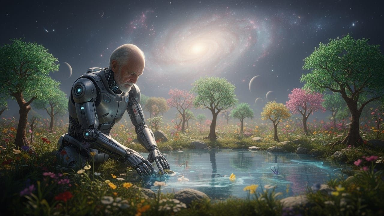 Cyborg Soldier Tends Vibrant Garden on Remote Asteroid