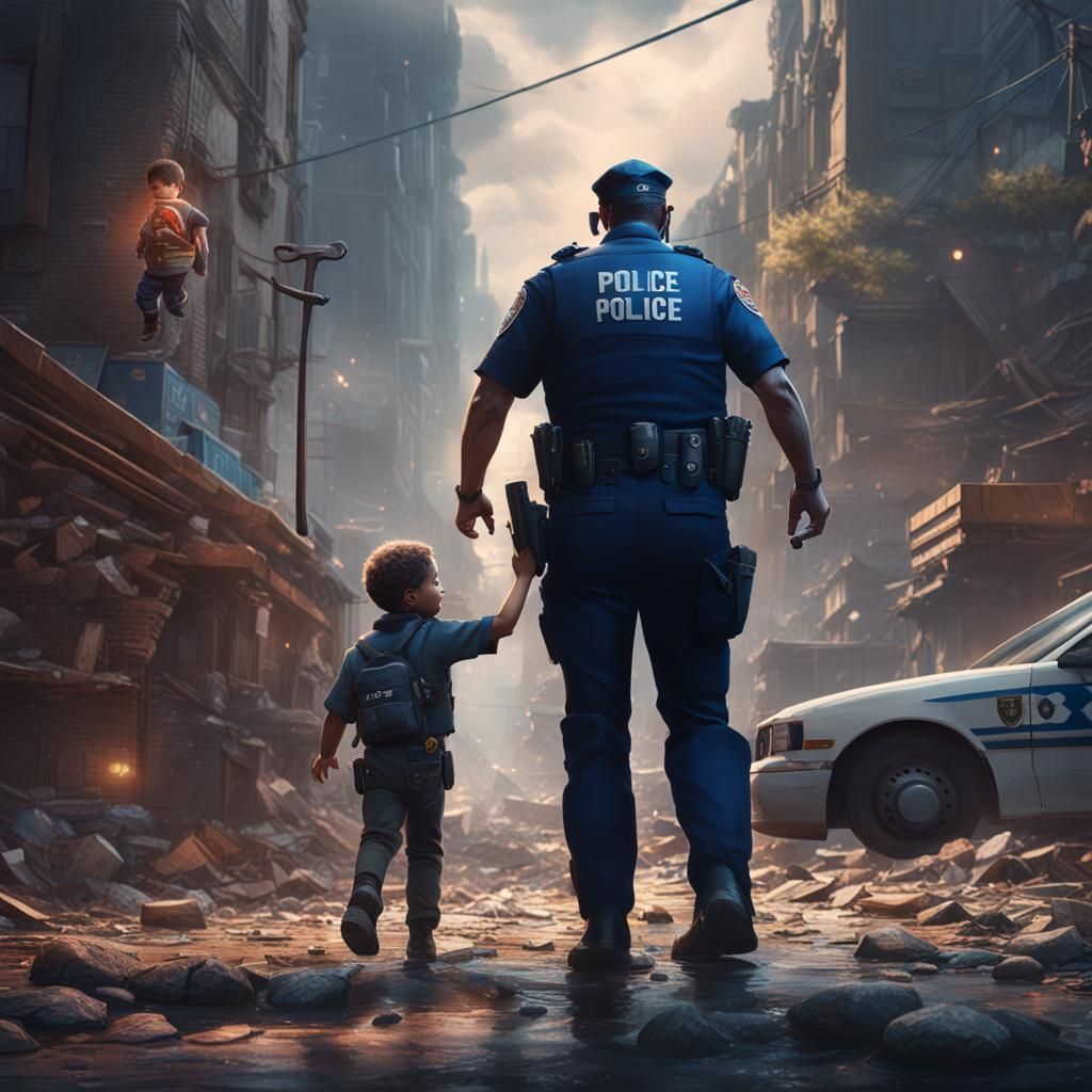 Police Officer Saving Child: Detailed Matte Painting