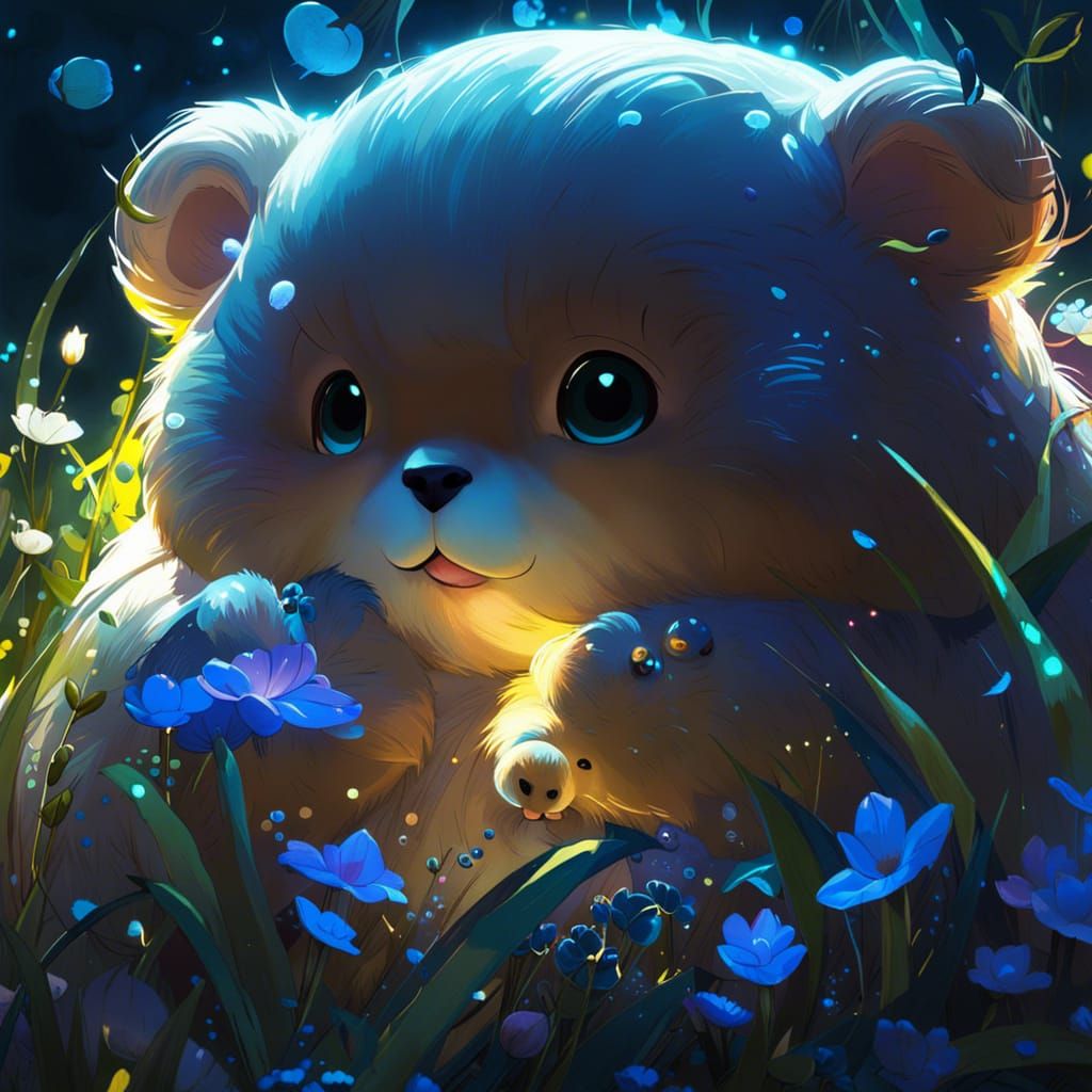 Cute Bear Cub in Bioluminescent Garden