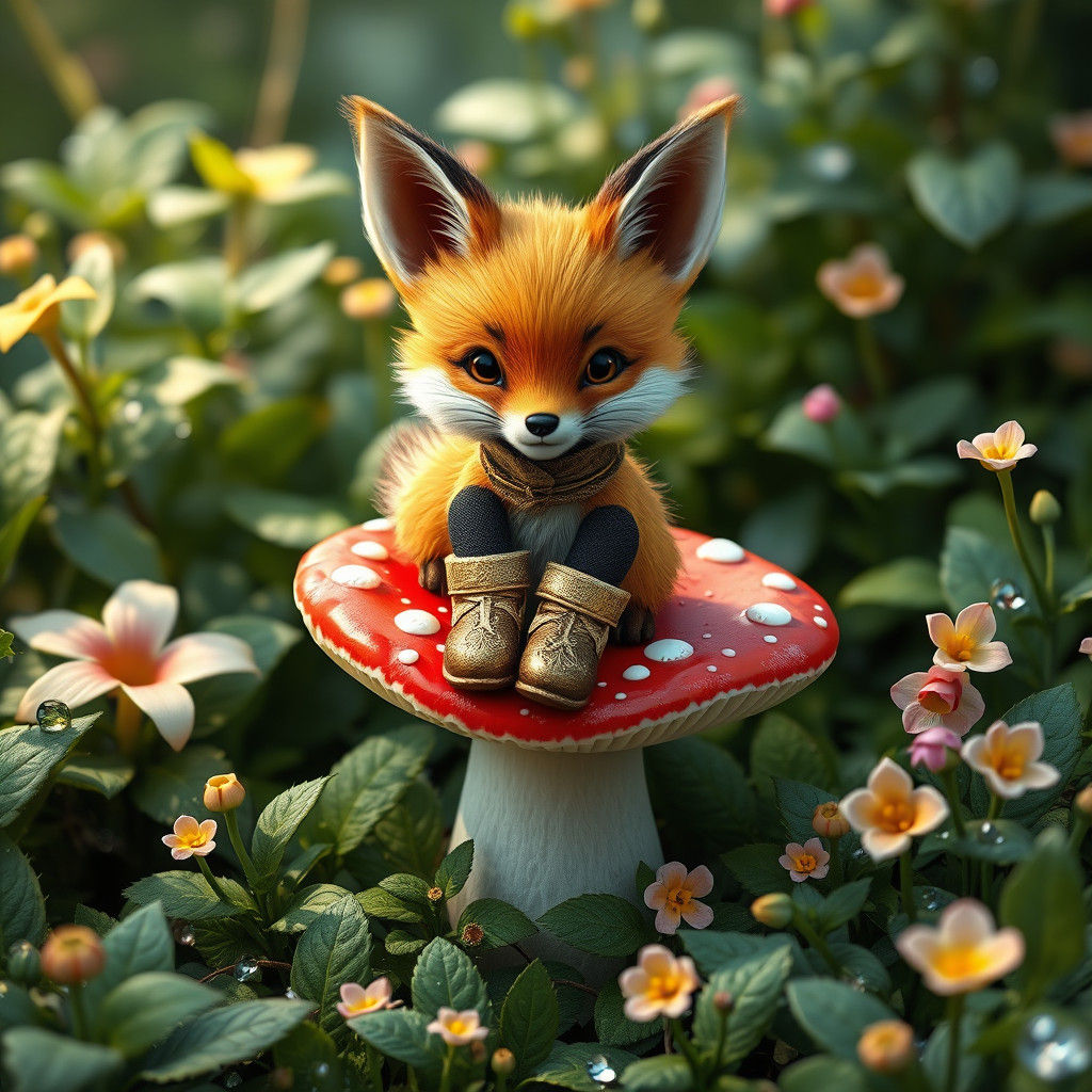 Fox Kit's Mushroom Seat: Storybook Realism