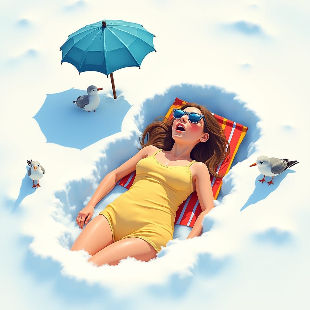 Startled Sunbather Buried in Snow: Humorous Gouache Illustra...