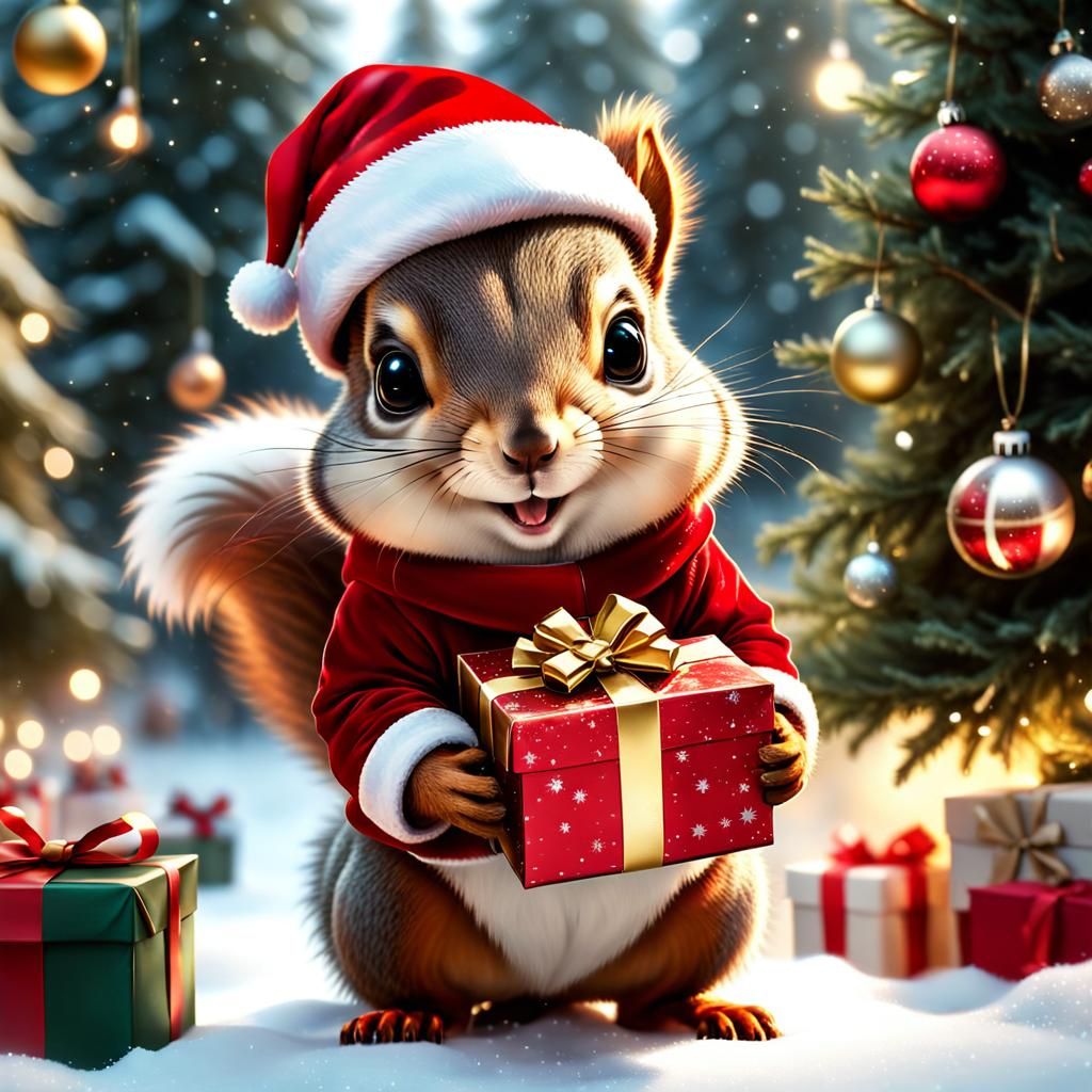 Magical Christmas Squirrel in Whimsical Digital Painting