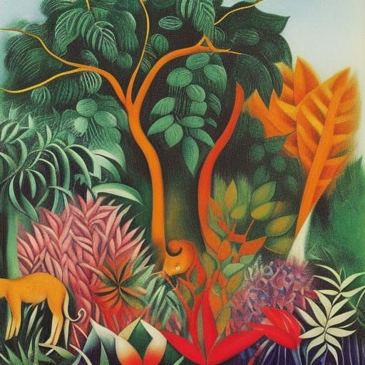 Surreal Jungle Landscape in Naive Art Style
