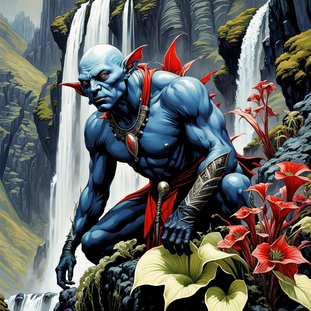 Blue Goblin Warlock Ascends Mountain Waterfall