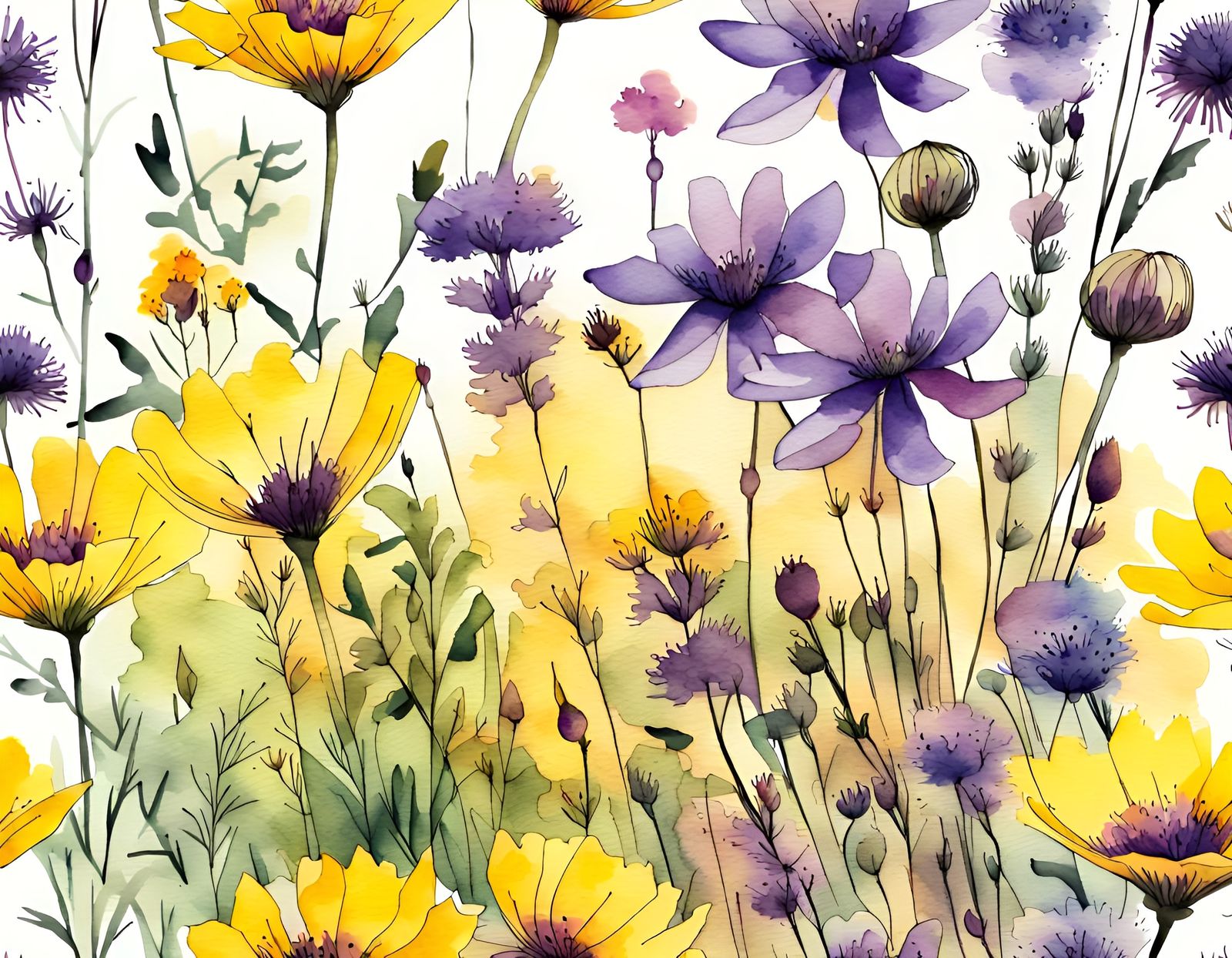 Detailed Wildflower Field in Watercolor Ukiyo-e Style