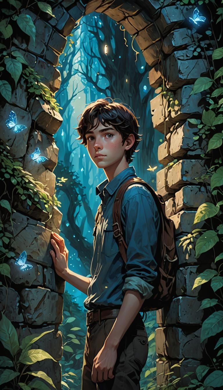 Boy Finds Glowing Portal in Shadowy Forest
