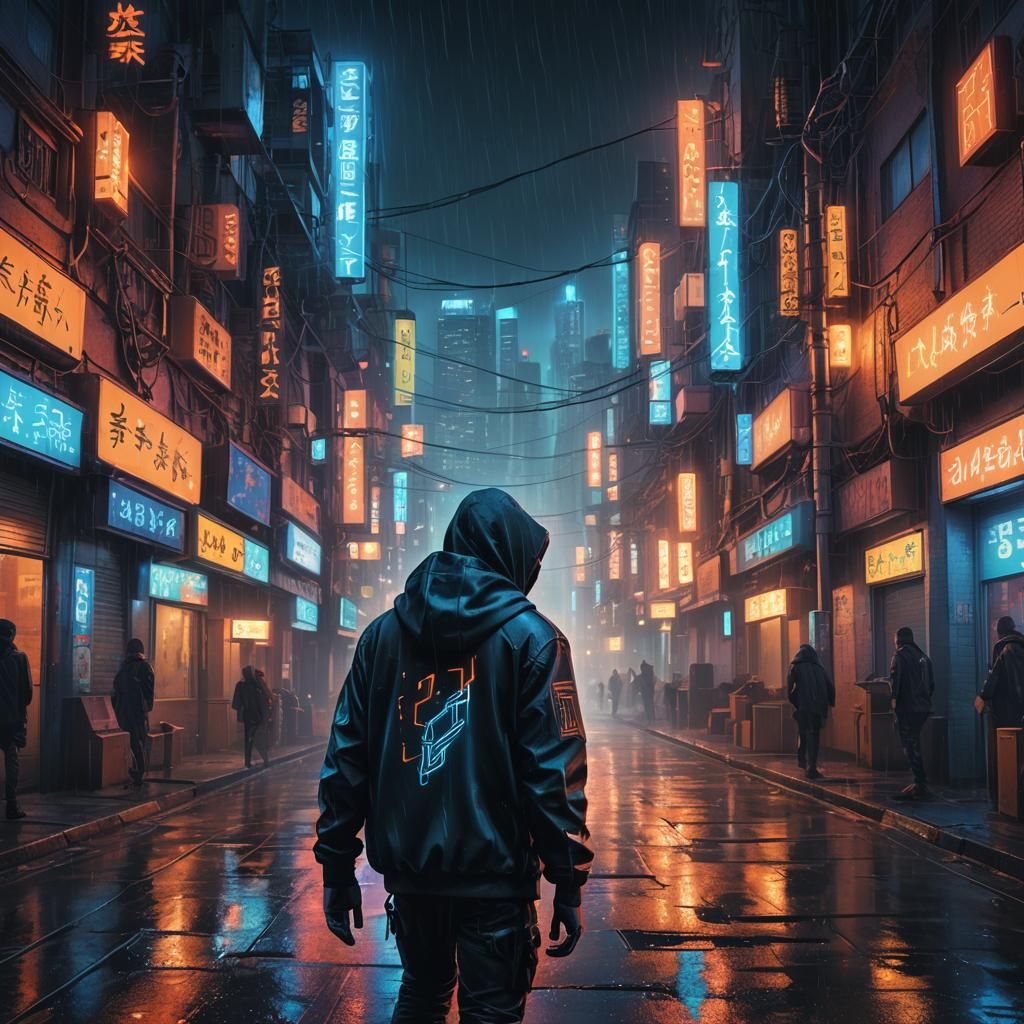 Cyberpunk Figure in Neon Cityscape at Midnight