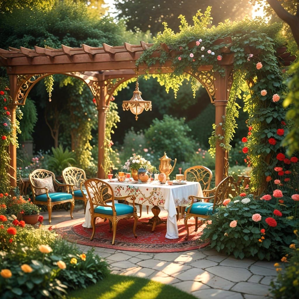 Elegant Art Nouveau Garden Scene with Vibrant Summer Details