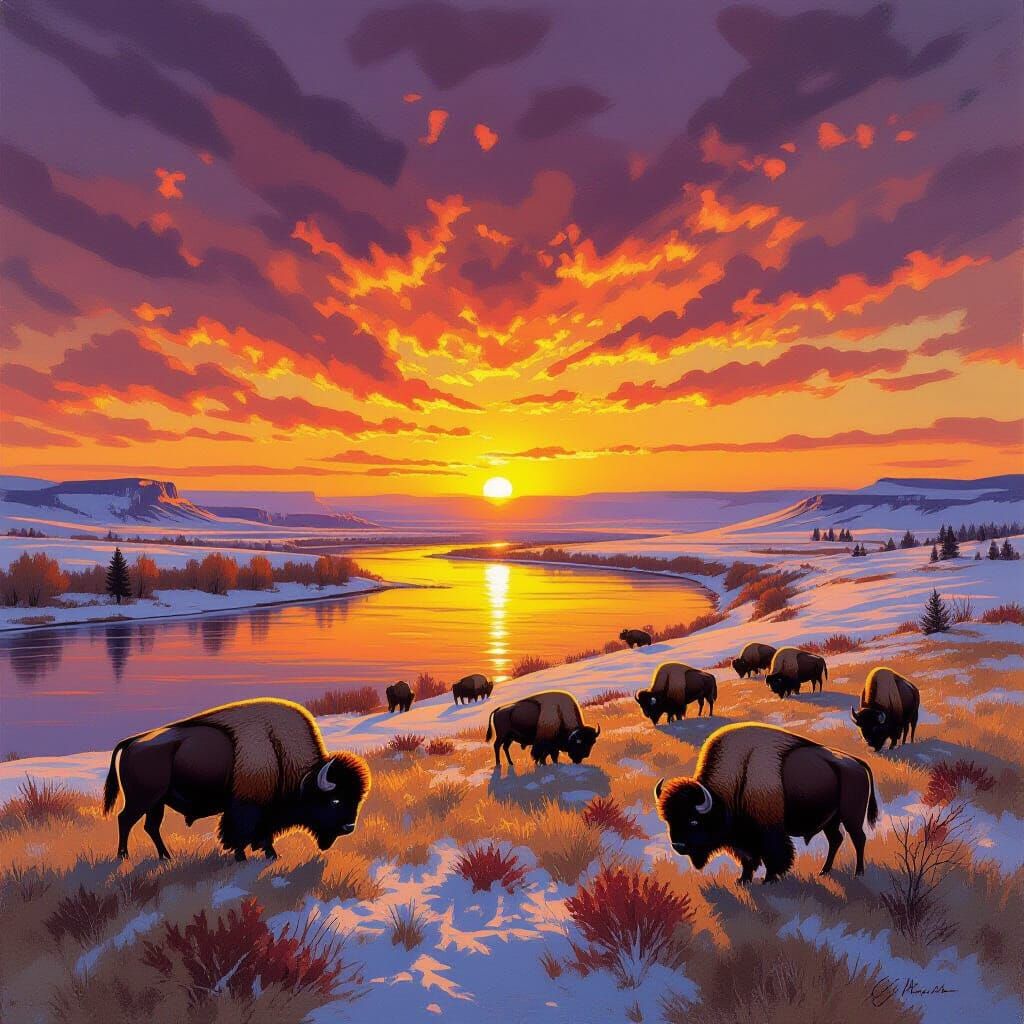 Montana Plains Sunset with Bison in Gouache Style