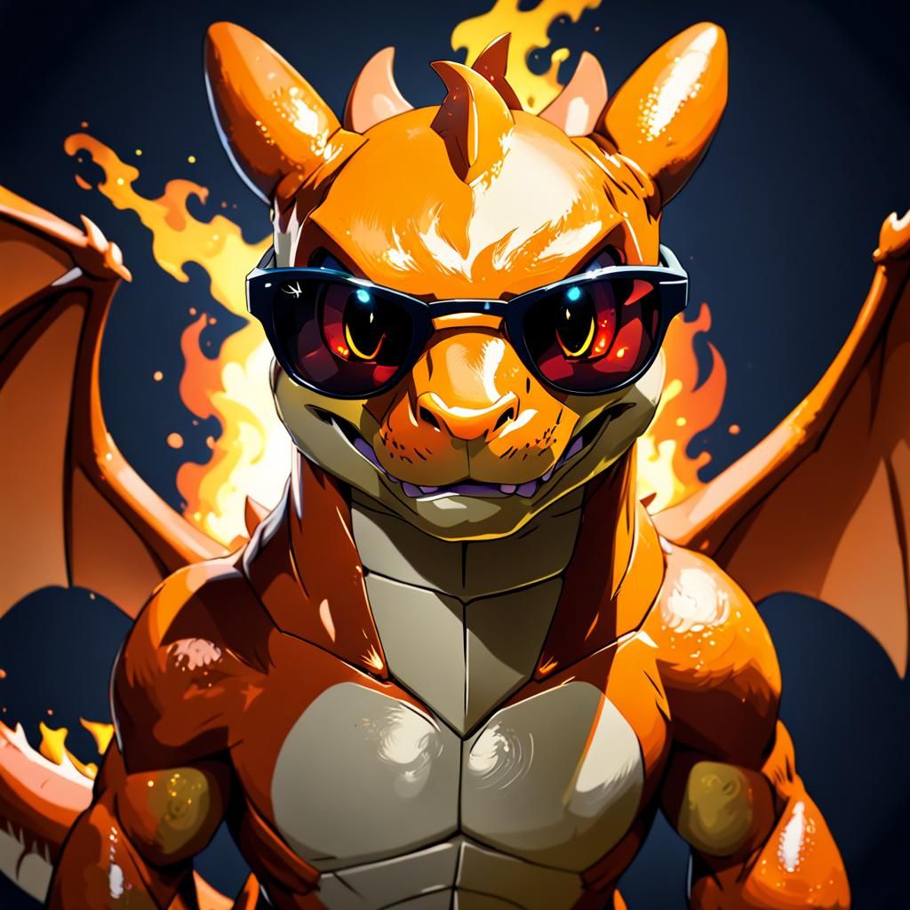 Charizard with Sunglasses: Anime Style Illustration