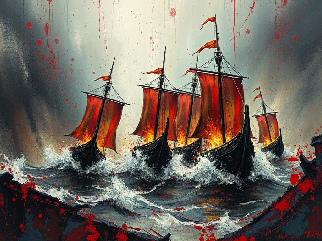 Viking Longships Race in Oil Painting Style