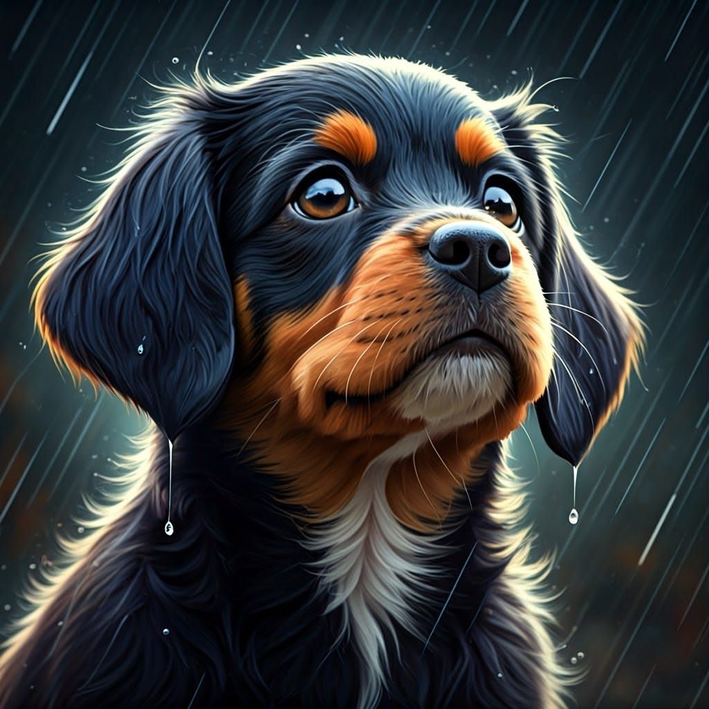 Soulful Black Dog Portrait in Rain, Splash Art