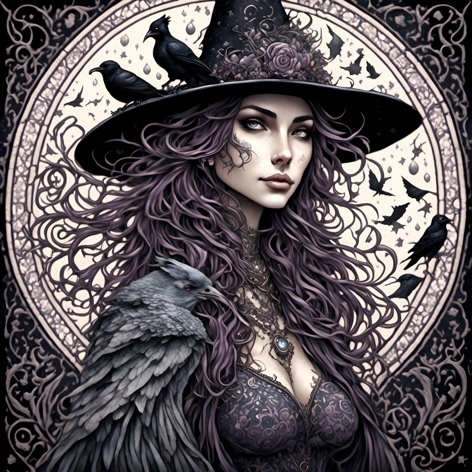 Ethereal Gothic Witch Portrait in Art Nouveau Style