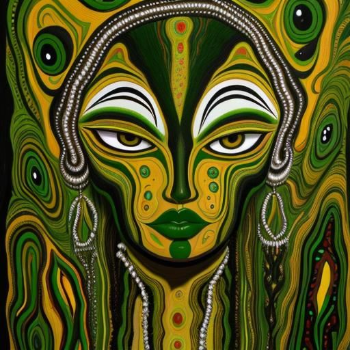 Abstract Green Faces: Aboriginal and Surreal Oil Painting