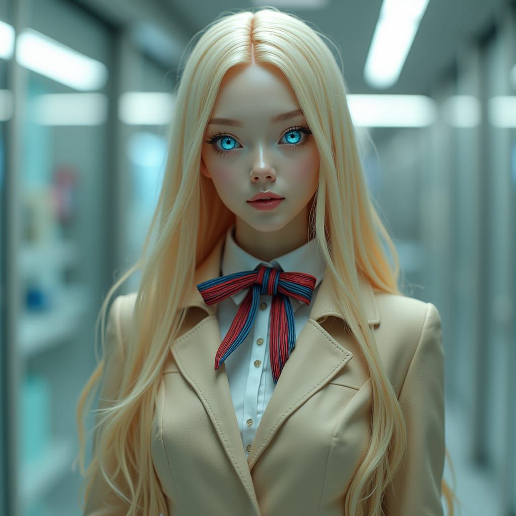 Android Girl with Glowing Eyes in Futuristic Lab