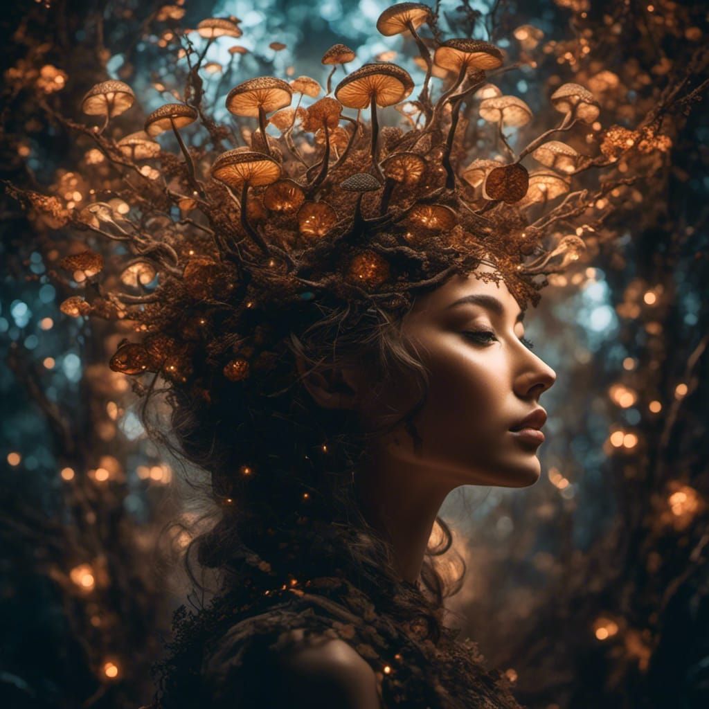 Fungal Dryad Double Exposure in Graffiti Art Style