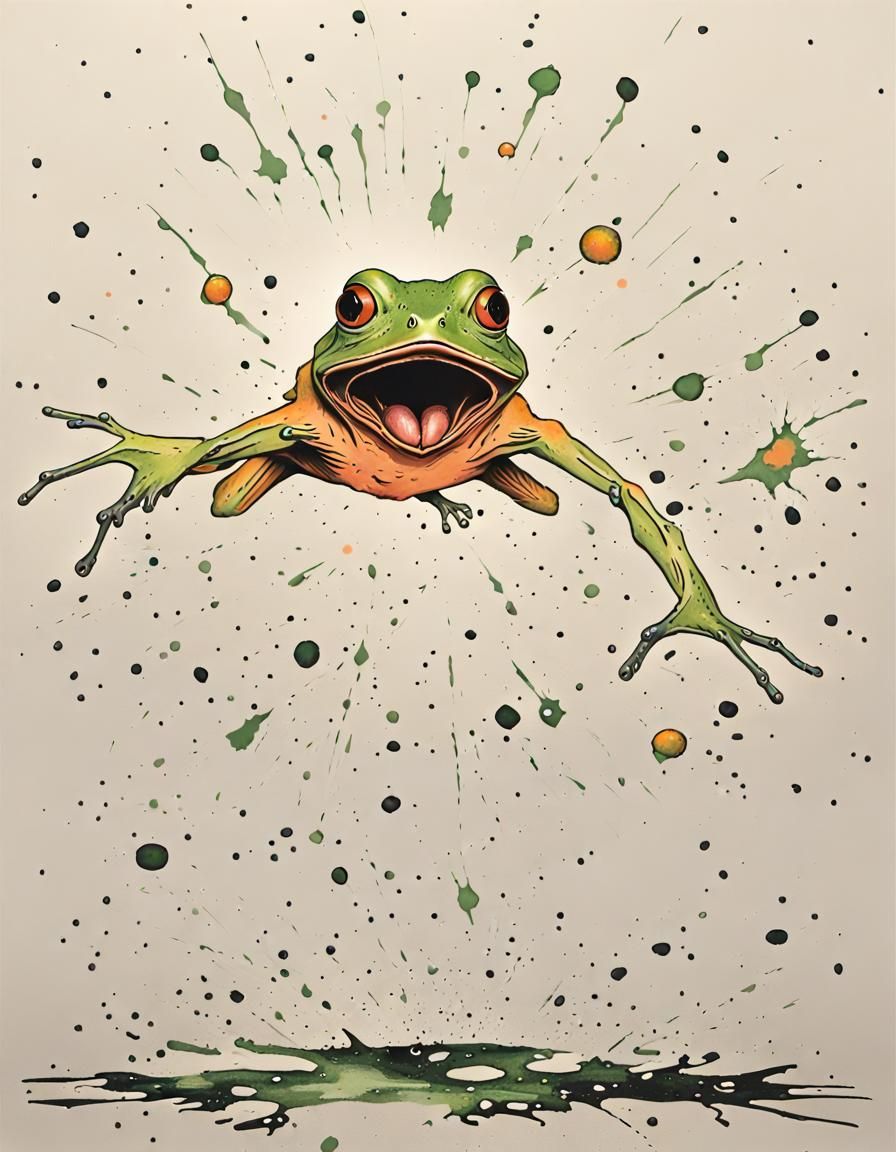 Gouache Screaming Chicken Frog Alien Hybrid Flying Object Creature from UFO, Apricot Live Light Splatter Poster art, Bri...