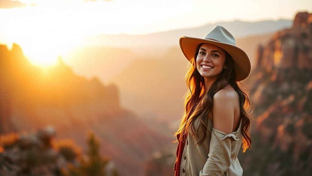 Pioneer Woman in Grand Canyon Sunset, Hyperrealistic Renderi...