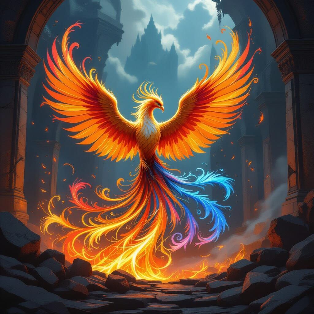 Majestic Elemental Phoenix Rises from Ancient Ruins