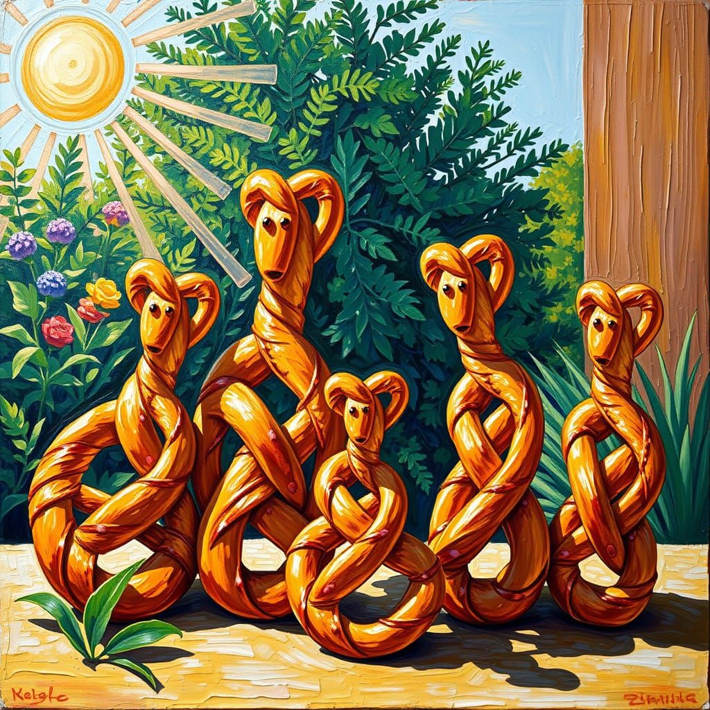 Whimsical Pretzel Family in Vibrant Outdoor Setting