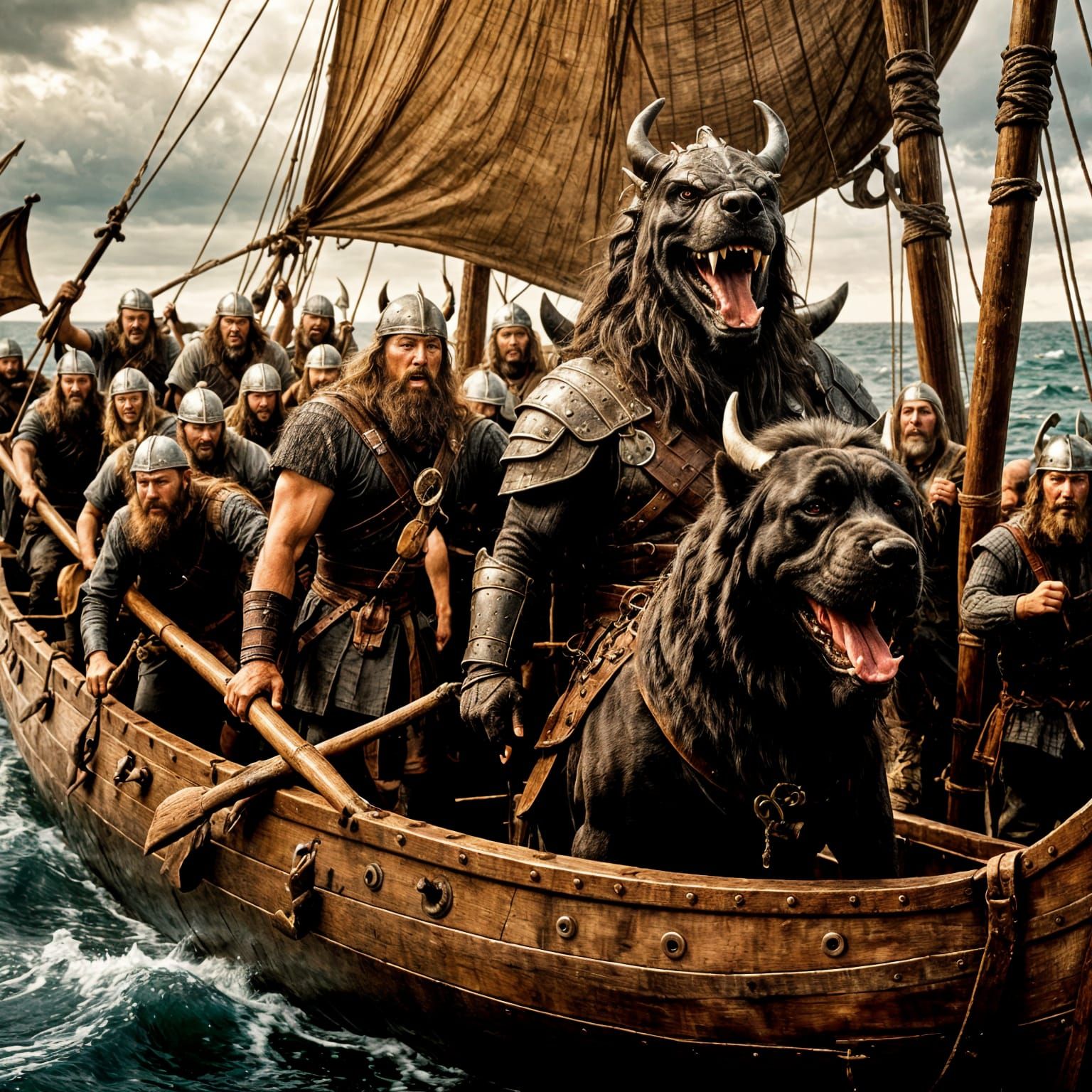 Dragonhead Mastiff on Viking Longship Amidst Rough Seas