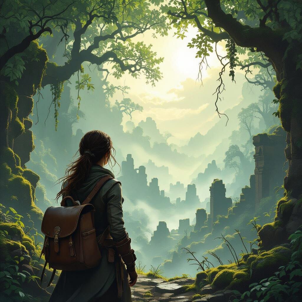 Female Adventurer at Forest Edge in Fantasy Art