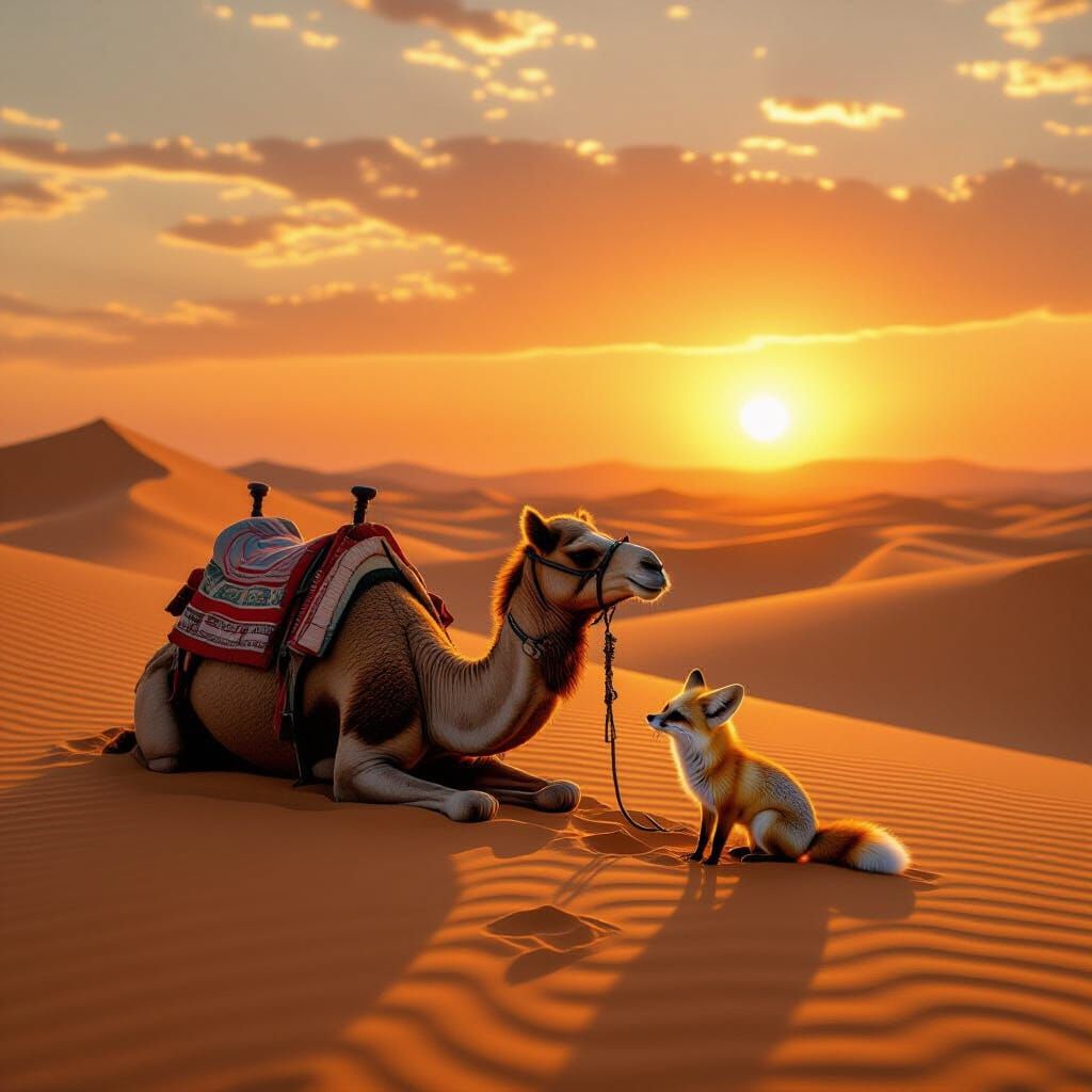 Sahara Caravan Camel Resting at Sunset