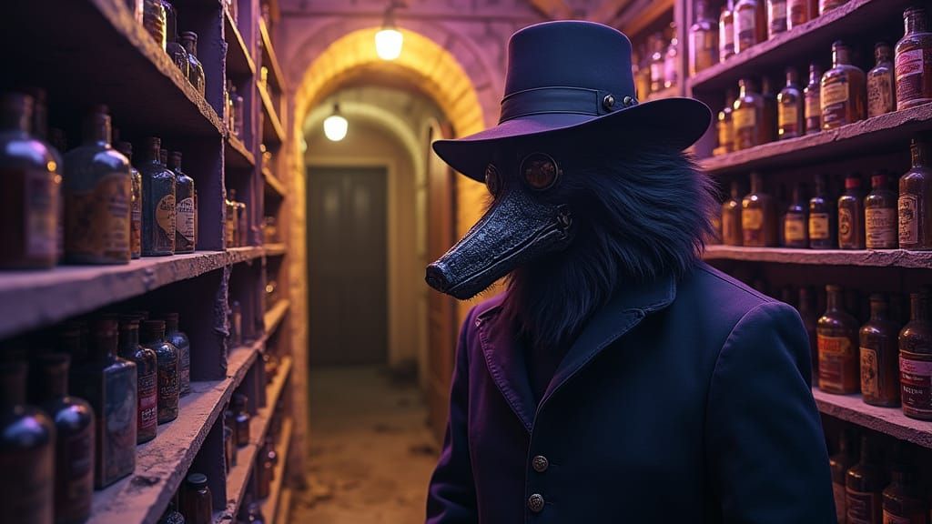Steampunk Plague Doctor Guarding Speakeasy Entrance