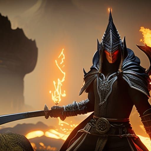 Eldritch Sorcerer Before Volcanic Landscape