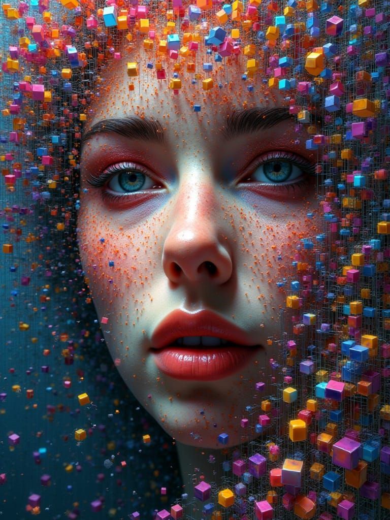 Abstract Portrait Emerging from Cubic Tapestry