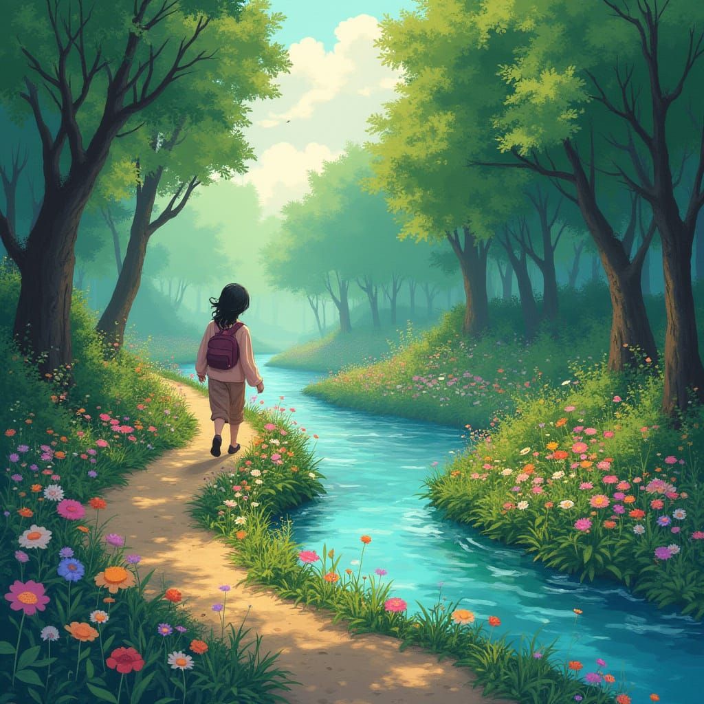 Peaceful River Path in Dreamy Watercolor Style