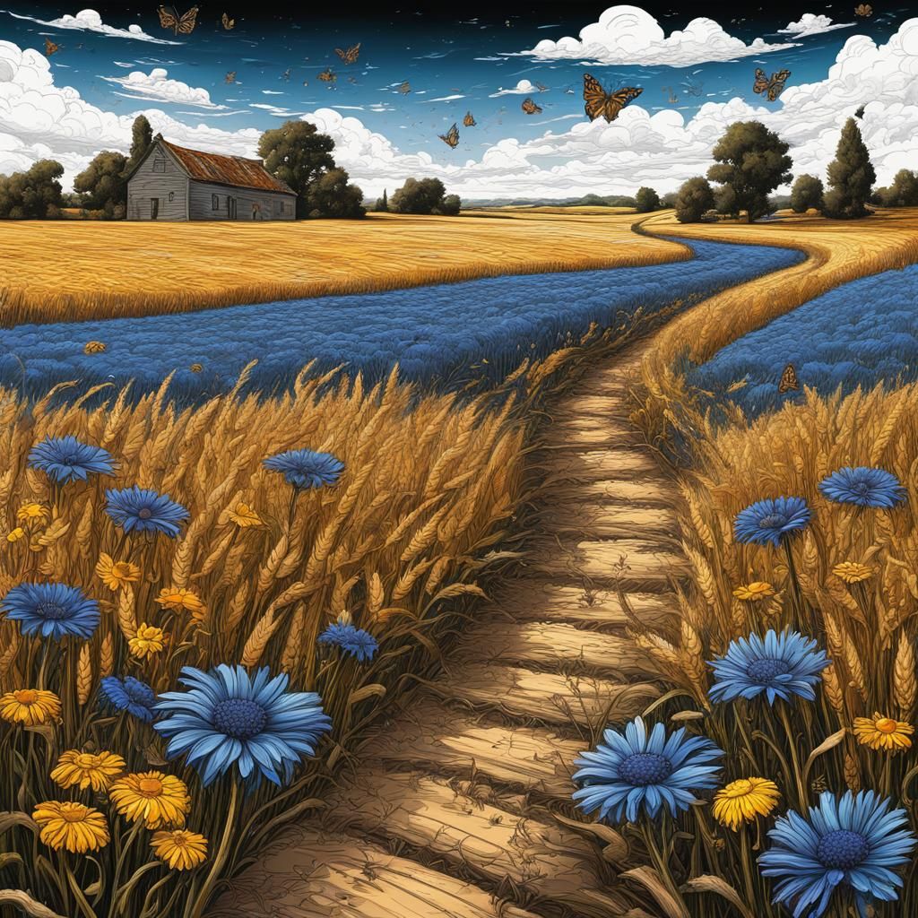 Vibrant Folk Art Path Through Wheat Field