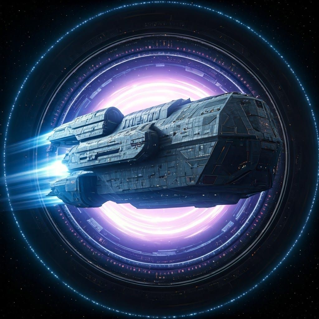 Sci-Fi Starship Soaring Through Kirbytech Warp Gate
